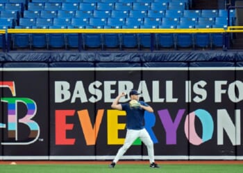 A rainbow-themed "Baseball is for Everyone" banner is pictured in a June 7, 2023, file photo at the Tampa Bay Rays' Tropicana Field in St. Petersburg, Florida.