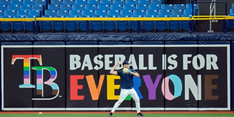 A rainbow-themed "Baseball is for Everyone" banner is pictured in a June 7, 2023, file photo at the Tampa Bay Rays' Tropicana Field in St. Petersburg, Florida.