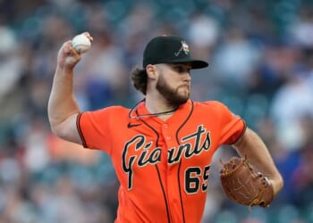 Landen Roupp of the San Francisco Giants pitches against the Chicago Cubs in the top of the first inning at Oracle Park on June 12, 2026, in San Francisco, California.