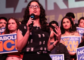 Democratic Congressional candidate Claire Valdez speaks during an election eve rally Monday in New York City.
