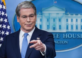 U.S. Treasury Secretary Scott Bessent speaking and pointing
