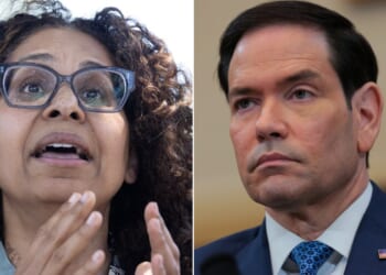 Rep. Sydney Kamlager-Dove, left, a California Democrat, wouldn't let Secretary of State Marco Rubio get a word in edgewise.