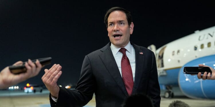 Secretary of State Marco Rubio speaks to the media upon arrival at al-Bateen Executive Airport in Abu Dhabi on June 23, 2026, on the first stop of a tour of Gulf states aimed at showing solidarity with key allies hit hard by the Middle East war.