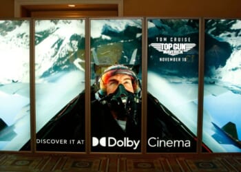 A poster for the 2022 film "Top Gun: Maverick" as seen at Ceasars Palace during CinemaCon in Las Vegas on Aug. 26, 2021.