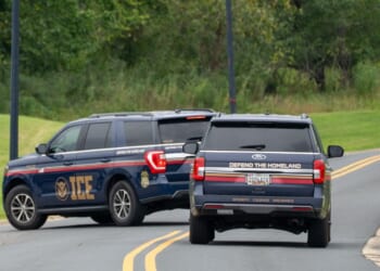 Immigration and Customs Enforcement agents in newly designed vehicles arrive ahead of a scheduled speech by President Donald Trump at the Park Police Anacostia Operating Facility on Aug. 21, 2025, in Washington, D.C.