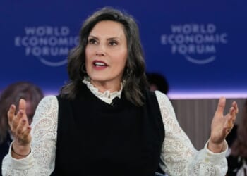 Governor Gretchen Whitmer speaks to a crowd at the World Economic Forum’s annual meeting in Davos, Switzerland on January 21, 2026.