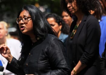 Councilmember Shahana Hanif speaks at a rally for so-called "immigrant rights" at City Hall in New York City on May 11, 2023.
