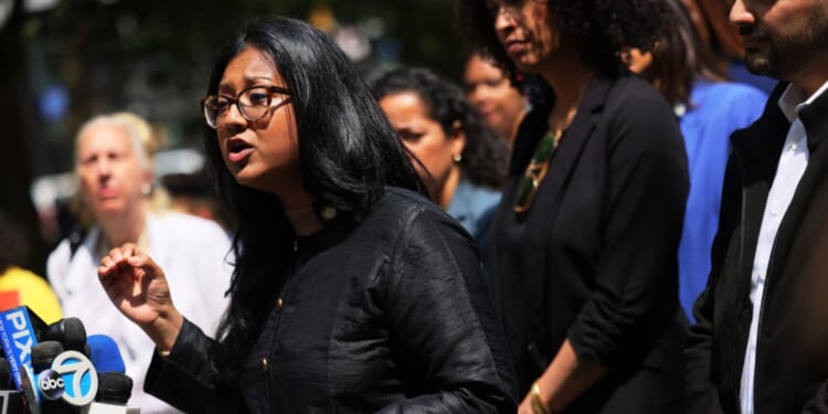 Councilmember Shahana Hanif speaks at a rally for so-called "immigrant rights" at City Hall in New York City on May 11, 2023.