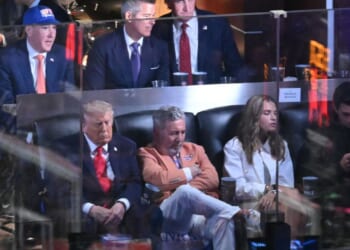 President Donald Trump sits in a box at Madison Square Garden in New York City on June 8, 2026.