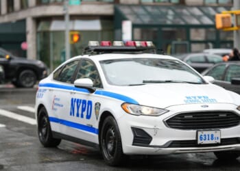 A general view of a police car next to the show venue, outside Brandon Maxwell, during New York Fashion Week, on Feb. 6, 2025, in New York City.