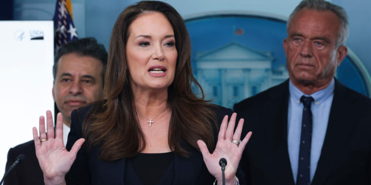 U.S. Secretary of Agriculture Brooke Rollins speaks during a news briefing.
