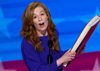 Michigan State Sen. Mallory McMorrow delivers remarks during the Democratic National Convention Aug.19, 2024, in Chicago, Illinois.