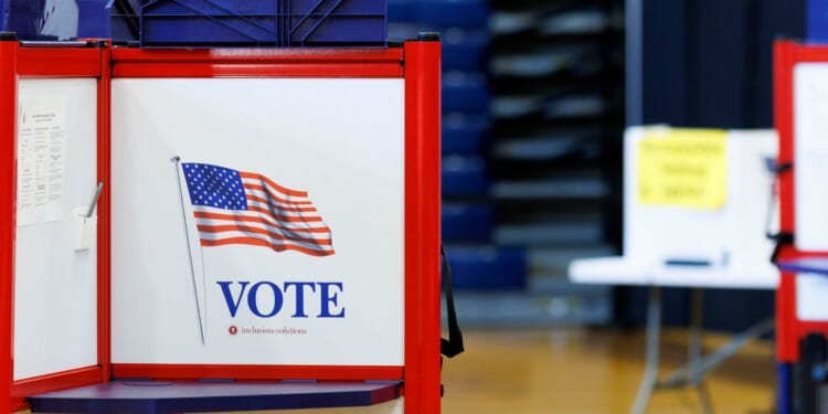 Booths await Maine residents to cast their ballots at a polling station inside the Portland Exposition Building on June 9, 2026, in Bangor, Maine.