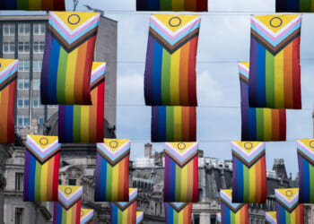 Intersex Inclusive Pride flags high above Regent Street in advance of the Pride in London parade on 7th July 2025 in London, United Kingdom.