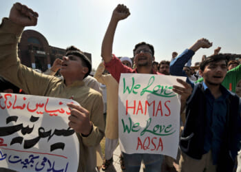 Students of International Islamic Univer Students of International Islamic University hold anti-Israeli placards and pro-Hamas placards as they chant slogans during a protest in Islamabad, Pakistan.