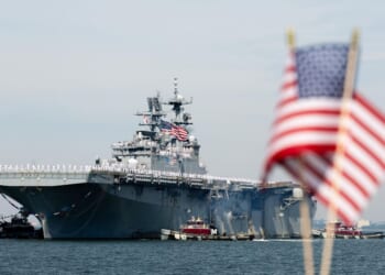 Wasp-class amphibious assault ship USS Iwo Jima returns to Naval Station Norfolk on June 6, 2026, in Norfolk, Virginia.
