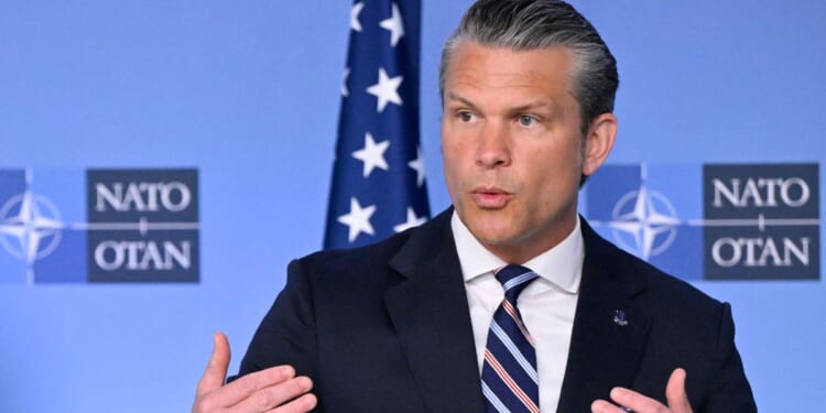Secretary of Defense Pete Hegseth delivers remarks Thursday before a NATO Defense Ministers meeting at the NATO headquarters in Brussels, Belgium.
