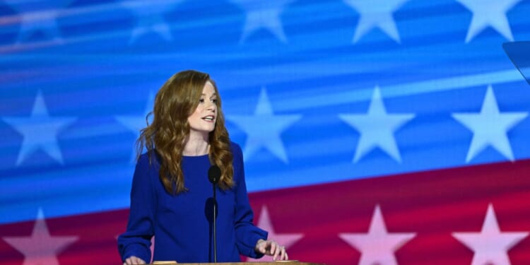 Michigan State Sen. Mallory McMorrow speaks on the first day of the Democratic National Convention at the United Center in Chicago, Illinois, on Aug. 19, 2024.