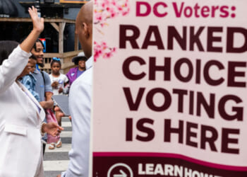 D.C. Ward 4 Council member Janeese Lewis George, candidate for D.C. mayor, waves to Ward 1 Council member Brianne Nadeau as she walks to Prince Hall Masonic Temple, a polling location, to vote in Washington, D.C. on Monday, June 8, 2026. Early voting has begun before D.C. primary election day on June 16. (Eric Lee for The Washington Post via Getty Images)