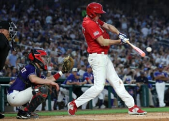 GOP Sen. Eric Schmitt of Missouri connects for a single in the fifth inning during Wednesday's congressional baseball game at Nationals Park in Washington, D.C. The annual game that began in 1901 pits Republican and Democratic congressional members and raises money for charity.