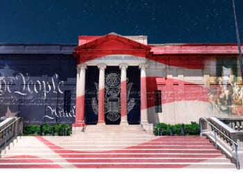 Images from America's founding are projected on the Virginia Historical Society building.