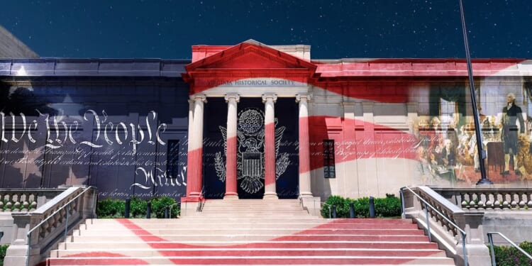 Images from America's founding are projected on the Virginia Historical Society building.