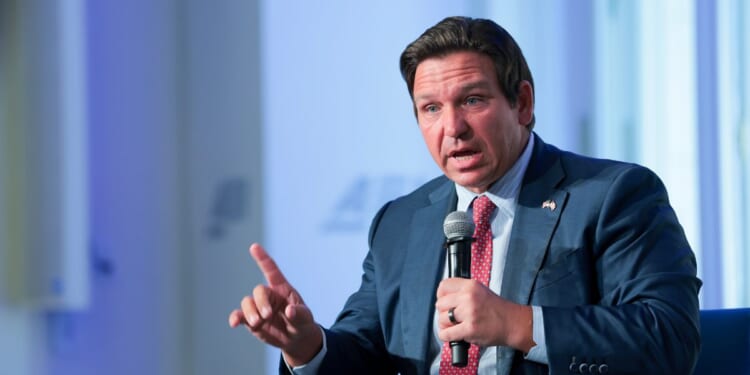 Florida Governor Ron DeSantis speaks at an event held at the American Enterprise Institute for Public Policy Research headquarters in Washington on June 3, 2026.