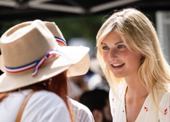 Influencer Thais d'Escufon is seen during "Reconquete" French far-right party's summer gathering, "l'Universite d'ete de Reconquete" in Orange, Southeastern France, on Sept. 7, 2024.