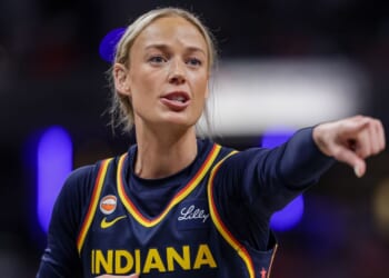 Sophie Cunningham of the Indiana Fever points during the game against the Phoenix Mercury at Gainbridge Fieldhouse on June 22, 2026, in Indianapolis, Indiana.
