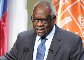 AUSTIN, TEXAS - APRIL 15: U.S. Supreme Court Justice Clarence Thomas speaks during a special lecture celebrating the 250th anniversary of the signing of the Declaration of Independence at Hogg Memorial Auditorium at the University of Texas on Wednesday, April 15, 2026. (Jay Janner/The Austin American-Statesman via Getty Images)