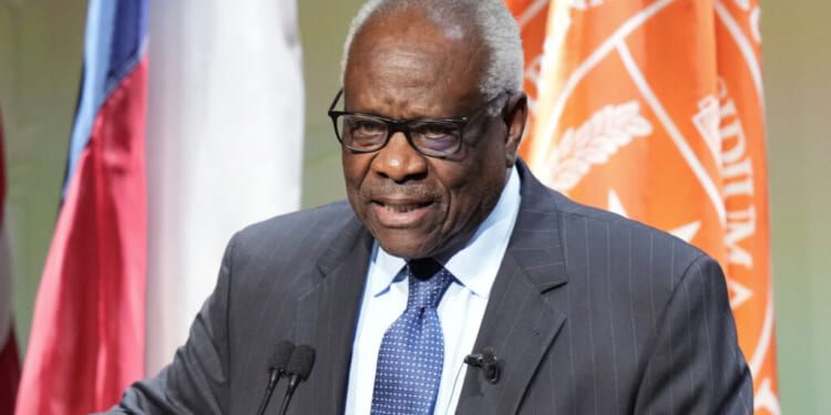 AUSTIN, TEXAS - APRIL 15: U.S. Supreme Court Justice Clarence Thomas speaks during a special lecture celebrating the 250th anniversary of the signing of the Declaration of Independence at Hogg Memorial Auditorium at the University of Texas on Wednesday, April 15, 2026. (Jay Janner/The Austin American-Statesman via Getty Images)