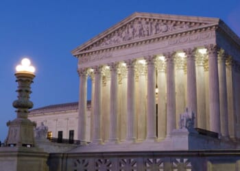 The U.S. Supreme Court is seen at dusk on May 28, 2026, in Washington, D.C.