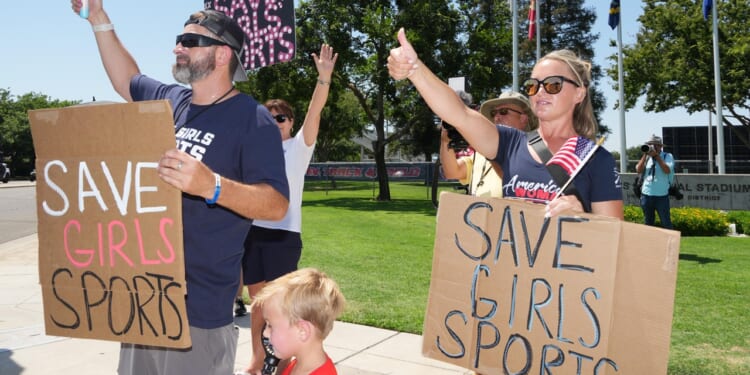 Protesters with signs saying "save girls sports"