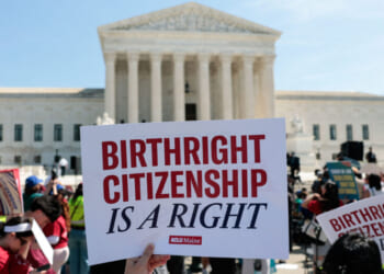 Demonstrators rally in support of birthright citizenship outside the US Supreme Court in Washington, DC on April 1, 2026. President Donald Trump attended in person as the US Supreme Court heard a landmark case weighing the constitutionality of his contentious bid to end birthright citizenship, an extraordinary and possibly unprecedented move for the nation's highest office. (Photo by Kent Nishimura / AFP via Getty Images)