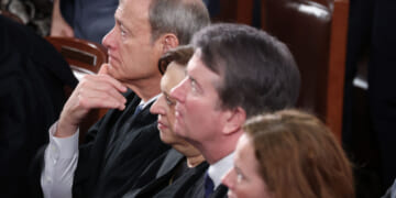 Supreme Court Chief Justice John Roberts, Associate Justice Elena Kagan, Associate Justice Brett Kavanaugh and Associate Justice Amy Coney Barrett attend the State of the Union address during a Joint Session of Congress at the U.S. Capitol on February 24, 2026, in Washington, DC. Trump delivered his address days after the Supreme Court struck down the administration's tariff strategy and amid a U.S. military buildup in the Persian Gulf threatening Iran. (Photo by Win McNamee/Getty Images)
