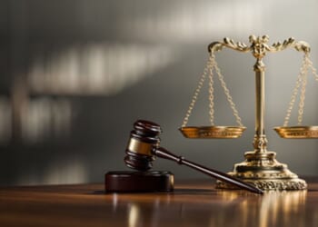 A gavel and wooden block sit alongside a balancing scale in a room flooded with light.