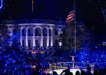 Diego Lopes of Brazil reacts to his win over Steve Garcia in a middleweight fight during the UFC Freedom 250 event on the South Lawn at the White House.