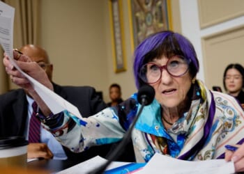 Rep. Rosa L. DeLauro, a Connecticut Democrat, holds up a document Tuesday as she questions acting U.S. Attorney General Todd Blanche during a House Committee hearing in Washington, D.C.
