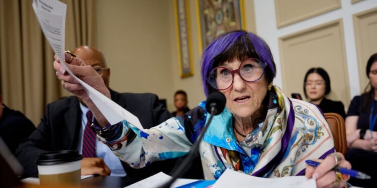Rep. Rosa L. DeLauro, a Connecticut Democrat, holds up a document Tuesday as she questions acting U.S. Attorney General Todd Blanche during a House Committee hearing in Washington, D.C.