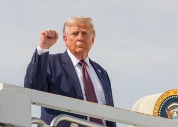 President Donald Trump gestures as he boards Air Force One to depart Reading Regional Airport on June 23, 2026, in Reading, Pennsylvania.