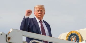 President Donald Trump gestures as he boards Air Force One to depart Reading Regional Airport on June 23, 2026, in Reading, Pennsylvania.