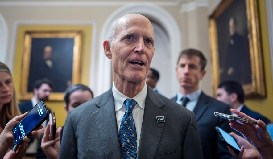 Sen. Rick Scott, R-Fla., chair of the Senate Republican Steering Committee, speaks to reporters as he arrives for a closed-door meeting at the Capitol in Washington, Tuesday, June 23, 2026, to prepare for a meeting with President Donald Trump Wednesday. (AP Photo/J. Scott Applewhite)