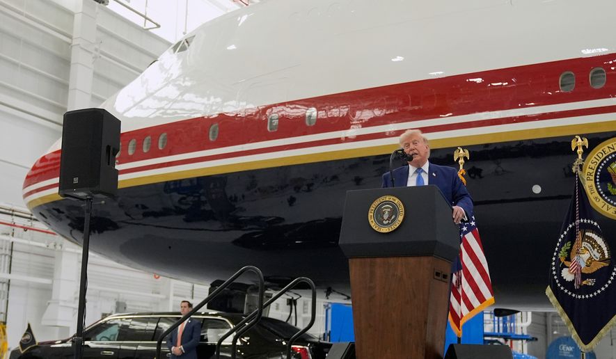 President Donald Trump speaks after touring the newly designated Air Force One presidential aircraft at Joint Base Andrews, Md., Friday, June 19, 2026. (AP Photo/Manuel Balce Ceneta)