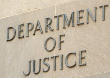 The Department of Justice signage can be seen on the side of the Robert F. Kennedy Department of Justice building on May 29, 2026.