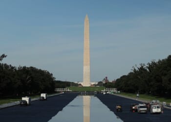 The Washington Monument is seen as the Lincoln Memorial Reflecting Pool fills with water on June 4, 2026, in Washington, D.C.