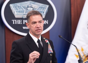 CENTCOM Commander Adm. Brad Cooper speaks during a press briefing at the Pentagon in Washington, D.C., on April 16, 2026.