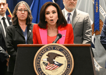 US Attorney for the District of Columbia Jeanine Pirro speaks during a news conference about a transnational meth drug trafficking case, in Washington, DC, on May 7, 2026. According to a news release from the Department of Justice, 11 people have been charged in connection to an international drug trafficking ring. (Jim Watson/AFP via Getty Images)