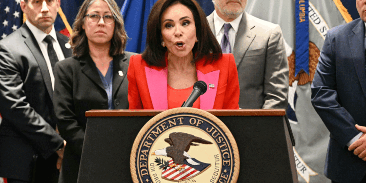 US Attorney for the District of Columbia Jeanine Pirro speaks during a news conference about a transnational meth drug trafficking case, in Washington, DC, on May 7, 2026. According to a news release from the Department of Justice, 11 people have been charged in connection to an international drug trafficking ring. (Jim Watson/AFP via Getty Images)