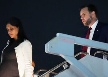 Vice President J.D. Vance and Second Lady Usha Vance arrive on Air Force Two at Colorado Springs Airport on May 27, 2026, in Colorado Springs, Colorado.