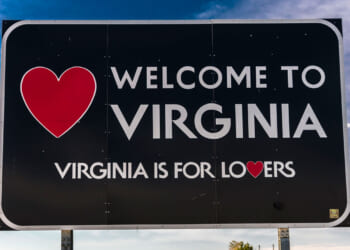 Shown is a welcome sign at the entrance to the state of Virginia.